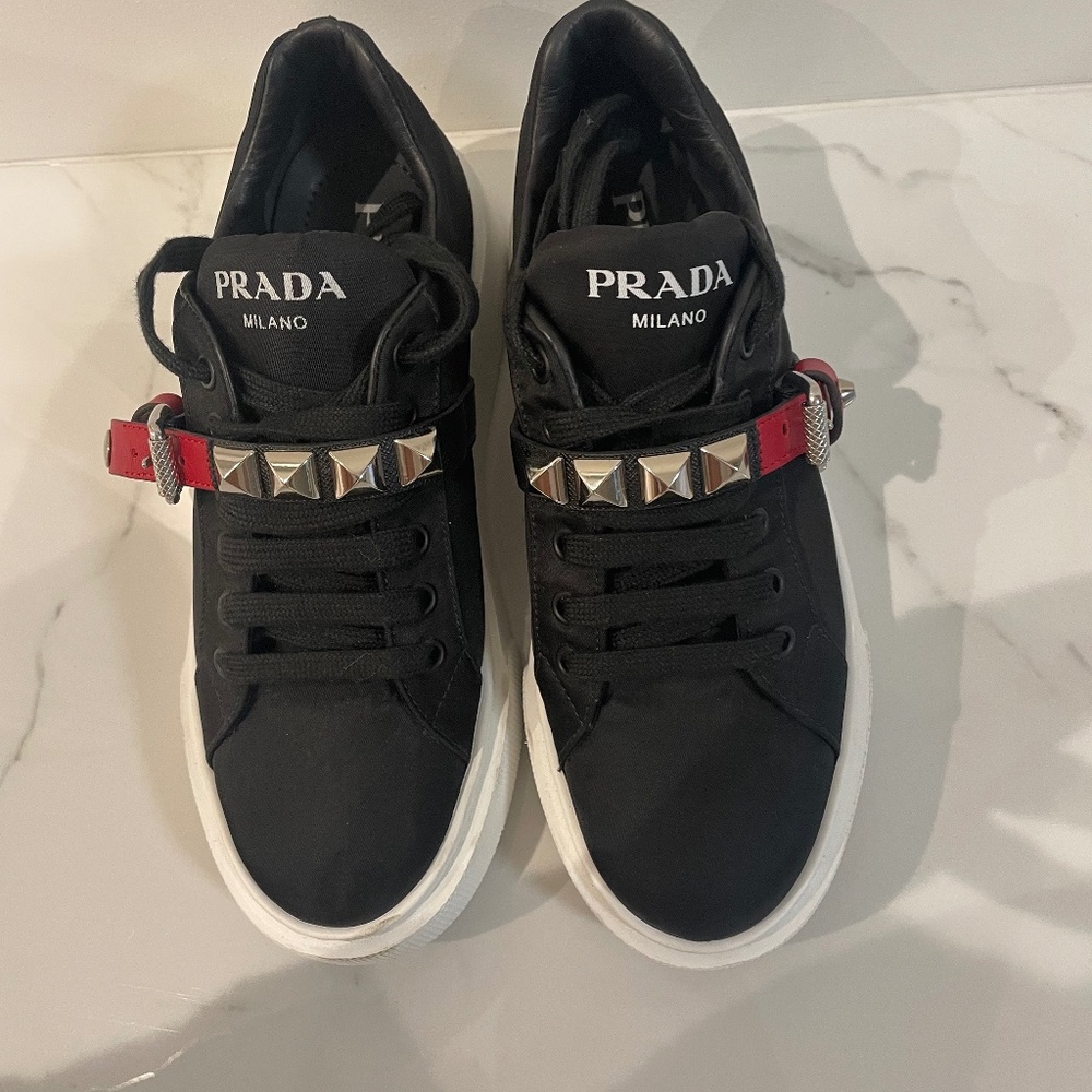 Prada Sneakers with Black and Red Studded Buckle
